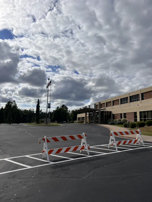 parking lot blocked off for crew to do repairs